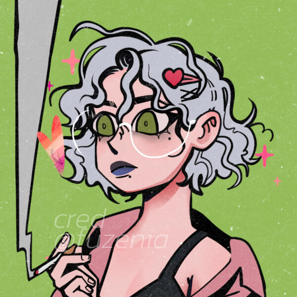 picrew by fuzenia made to look like me. it is pale, has short, wavy grey hair, green eyes, and glasses. it is holding a cigarette and there is a heart colored in the lesbian flag colors next to its face.