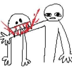 a stick figure with very sharp teeth is biting the same of another stick figure, drawing a lot of blood